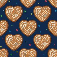 Seamless Pattern with Gingerbread Heart on Blue. Christmas Cookie. vector
