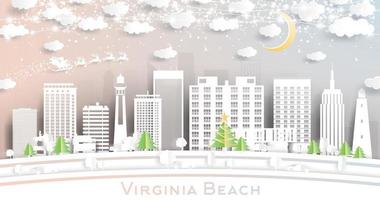 Virginia Beach Virginia City Skyline in Paper Cut Style with Snowflakes, Moon and Neon Garland. vector