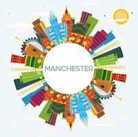 horizonte de manchester con edificios de color, cielo azul y espacio de copia. vector