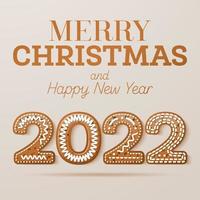 Christmas Greeting Card with Glazed Text in Cookie Style. Happy New Year 2022 with Gingerbread Numbers. vector