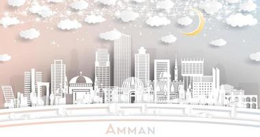 horizonte de la ciudad de amman jordan en estilo de corte de papel con edificios blancos, luna y guirnalda de neón. vector