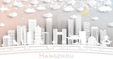 Hangzhou China City Skyline in Paper Cut Style with White Buildings, Moon and Neon Garland. vector