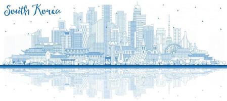 Outline South Korea City Skyline with Blue Buildings and Reflections. vector