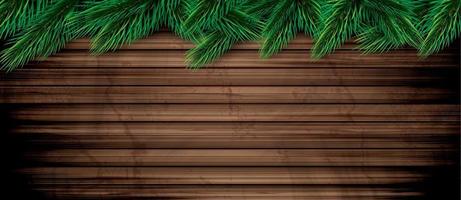 Fir Branches on Wooden Background. Pine Sprigs on Above. Christmas and New Year Decoration. vector