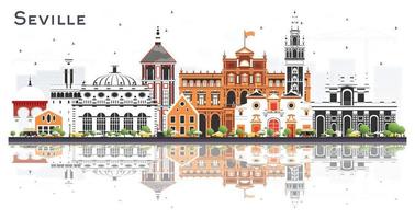 horizonte de la ciudad de sevilla españa con edificios de color y reflejos aislados en blanco. vector