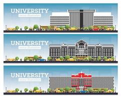 conjunto de campus universitario. estudiar pancartas. ilustración vectorial los estudiantes van al edificio principal de la universidad. vector