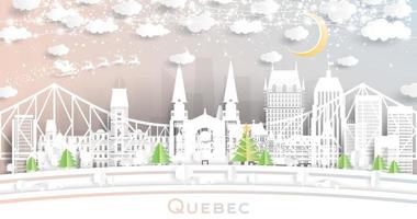 horizonte de la ciudad de quebec canadá en estilo de corte de papel con copos de nieve, luna y guirnalda de neón. vector