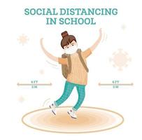 Social Distancing in School. Young Girl Jumping Alone. New Normal Lifestyle Concept. vector