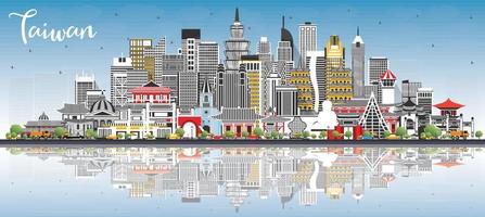 Taiwan City Skyline with Gray Buildings, Blue Sky and Reflections. vector