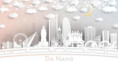 Da Nang Vietnam City Skyline in Paper Cut Style with White Buildings, Moon and Neon Garland. vector