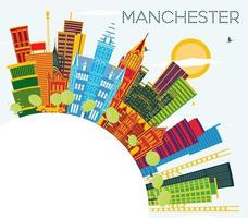 Manchester Skyline with Color Buildings, Blue Sky and Copy Space. vector