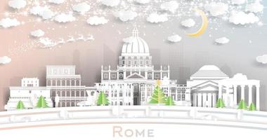 horizonte de la ciudad de roma italia en estilo de corte de papel con copos de nieve, luna y guirnalda de neón.