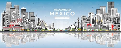 Welcome to Mexico City Skyline with Gray Buildings, Blue Sky and Reflections. vector