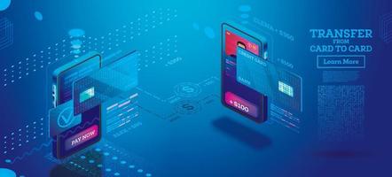 Mobile Money Transfer Isometric Concept. Online Money Transfer from Card to Card. vector