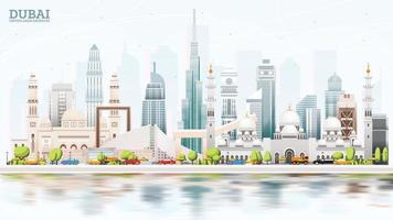 el horizonte de la ciudad de dubai, emiratos árabes unidos, uae, con edificios de colores, cielo azul y reflejos. vector