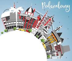 horizonte de la ciudad de palembang indonesia con edificios grises, cielo azul y espacio para copiar. vector