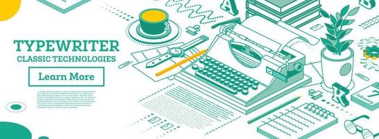 máquina de escribir vintage isométrica. escritor, editor, periodista o espacio de trabajo de redactor. vector