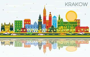 Krakow Poland City Skyline with Color Buildings, Blue Sky and Reflections. vector