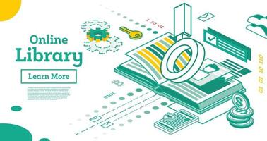 Online Library Outline Isometric Education Concept. Open Book with Loupe isolated on White. vector