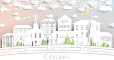 Cayenne French Guiana City Skyline in Paper Cut Style with Snowflakes, Moon and Neon Garland. vector