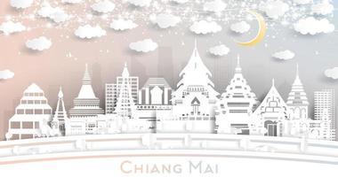 Chiang Mai Thailand City Skyline in Paper Cut Style with White Buildings, Moon and Neon Garland. vector