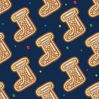 Seamless Pattern with Gingerbread Boot on Blue. Christmas Cookie. vector