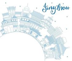 Outline Jingzhou China City Skyline with Blue Buildings and Copy Space. vector