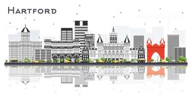 horizonte de la ciudad de hartford connecticut con edificios grises y reflejos aislados en blanco. vector