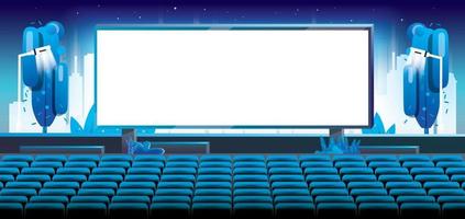 Outdoor Cinema in City. Large Bright Screen in front of Empty Chairs. vector