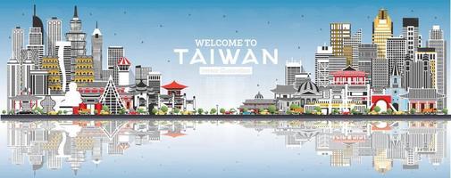 bienvenido al horizonte de la ciudad de taiwán con edificios grises, cielo azul y reflejos. vector