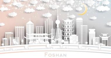 Foshan China City Skyline in Paper Cut Style with White Buildings, Moon and Neon Garland. vector