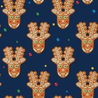 Seamless Pattern with Gingerbread Deer on Blue. Christmas Cookie. vector