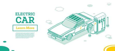 Electric Vehicle on Charging Station. Isometric Outline Concept. vector