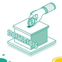 Hand Putting Money in Donation Box. Isometric Charity Concept with Dollar Coin. vector