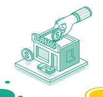 Hand Puts a Dollar Coin Inside of the Bank Building. Isometric Saving Money Concept. vector