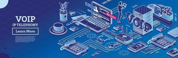 servicios de telefonia ip voip. concepto de esquema isométrico. esquema de configuración del sistema. vector