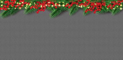 Christmas Border with Fir Branches and Red Holly Berries. Neon Garland with Yellow Lights. vector