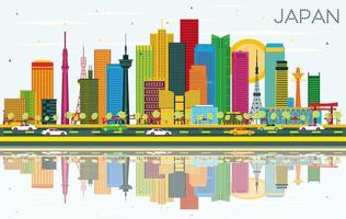 Japan City Skyline with Color Buildings, Blue Sky and Reflections. vector