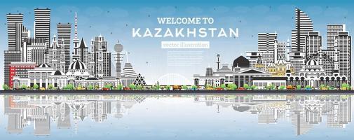 bienvenido a kazajstán. horizonte de la ciudad con edificios grises, cielo azul y reflejos. vector