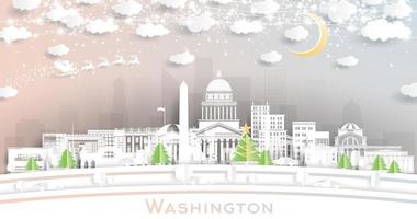 Washington DC USA City Skyline in Paper Cut Style with Snowflakes, Moon and Neon Garland. vector