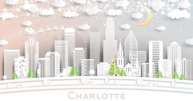 Charlotte NC City Skyline in Paper Cut Style with Snowflakes, Moon and Neon Garland. vector