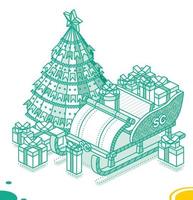 Isometric Open Sleigh with Bunch Gift Boxes and Christmas Tree. Outline Concept.
