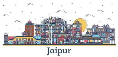 delinear el horizonte de la ciudad de jaipur india con edificios históricos de colores aislados en blanco. vector