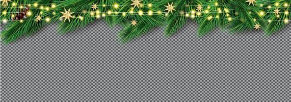 Fir Branches with Neon Lights. Christmas Decoration with Golden Stars. vector