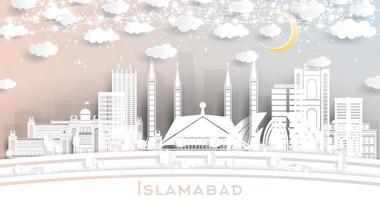 Islamabad Pakistan City Skyline in Paper Cut Style with White Buildings, Moon and Neon Garland. vector