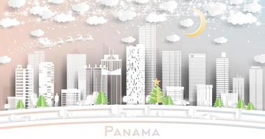 horizonte de la ciudad de panamá en estilo de corte de papel con copos de nieve, luna y guirnalda de neón. vector