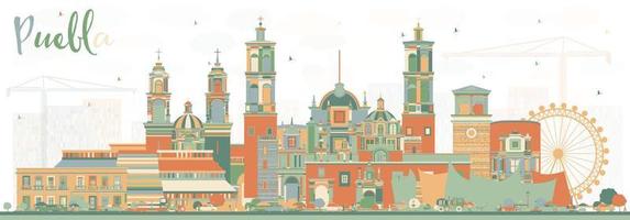 horizonte de la ciudad de puebla méxico con edificios de color. vector