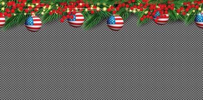 Christmas Border with Fir Branches, Holly Berries and Balls with USA Flag. vector