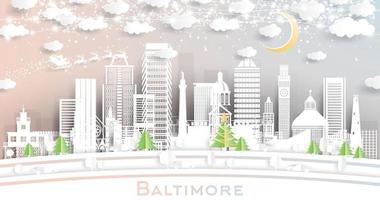 horizonte de la ciudad de baltimore maryland en estilo de corte de papel con copos de nieve, luna y guirnalda de neón. vector