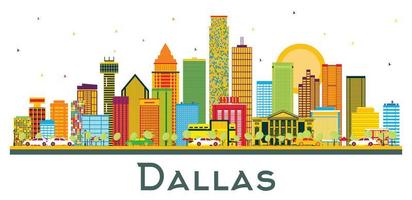 Dallas Texas USA City Skyline with Color Buildings and Blue Sky Isolated on White. vector